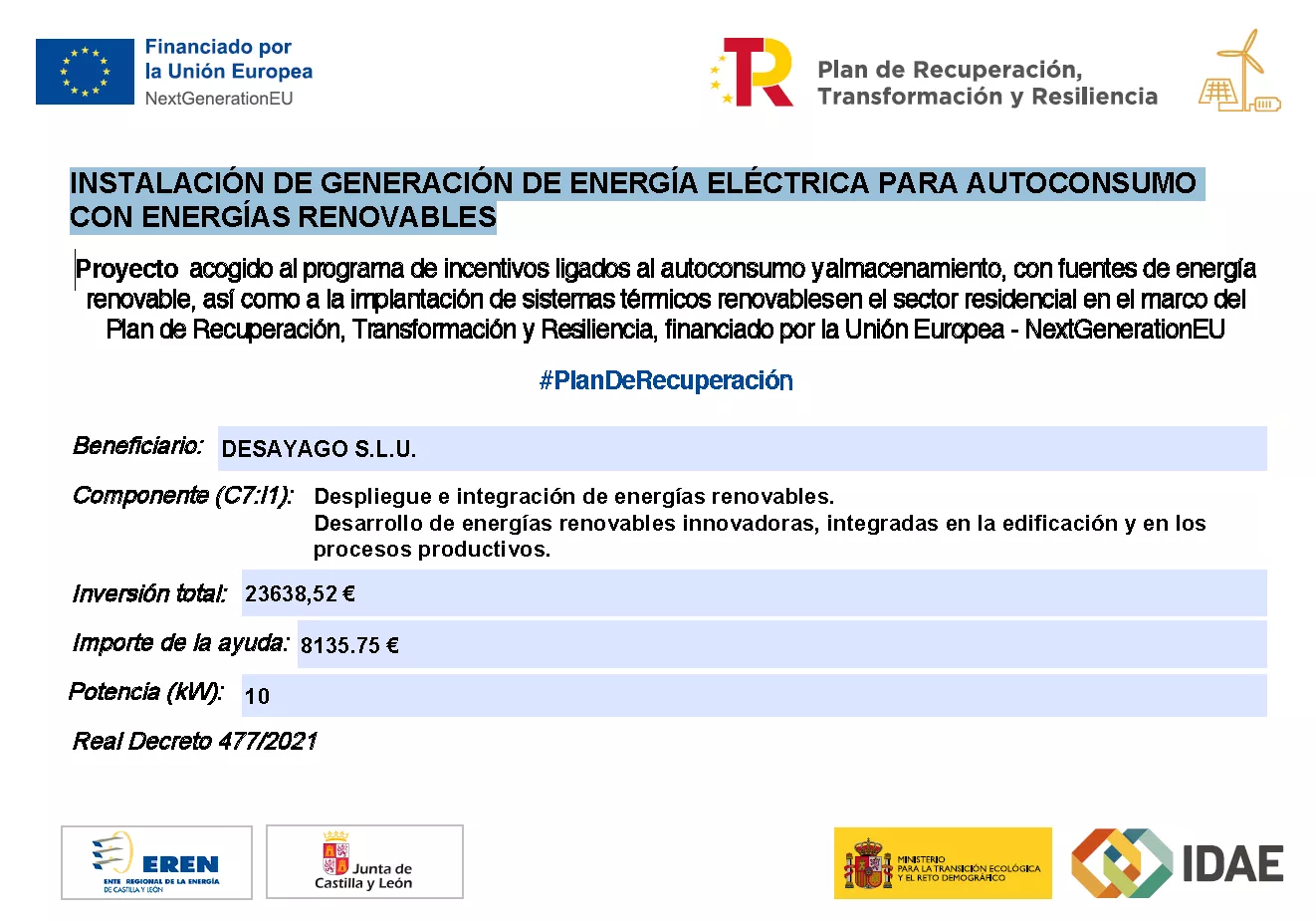 INSTALACIÓN DE GENERACIÓN DE ENERGÍA ELÉCTRICA PARA AUTOCONSUMO CON ENERGÍAS RENOVABLES